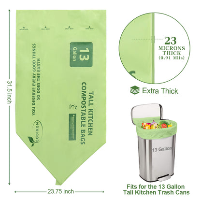 Codirom 100% Compostable Trash Bags, 13 Gallon, 49.2 Liter, 65 Count Kitchen Tall Food Scrap Waste Bags for Tall Kitchen Trash Cans with Europe EN13432 Certified