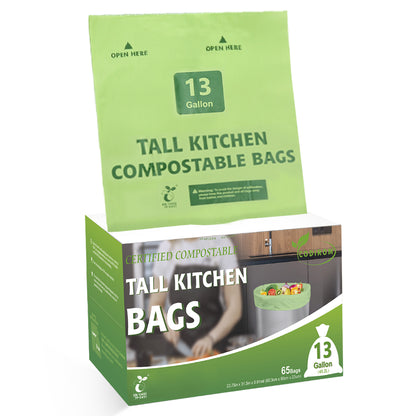 Codirom 100% Compostable Trash Bags, 13 Gallon, 49.2 Liter, 65 Count Kitchen Tall Food Scrap Waste Bags for Tall Kitchen Trash Cans with Europe EN13432 Certified