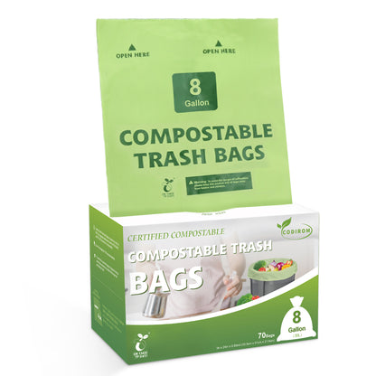 Codirom 100% Compostable Trash Bags, 8 Gallon, 30 Liter, 70 Count Large Kitchen Food Scrap Waste Bags for Kitchen Step Trash Cans with Europe EN13432 Certified